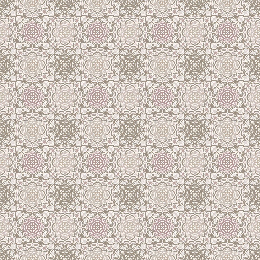 Patterned fabric with a repetitive design of flowers and geometric shapes.